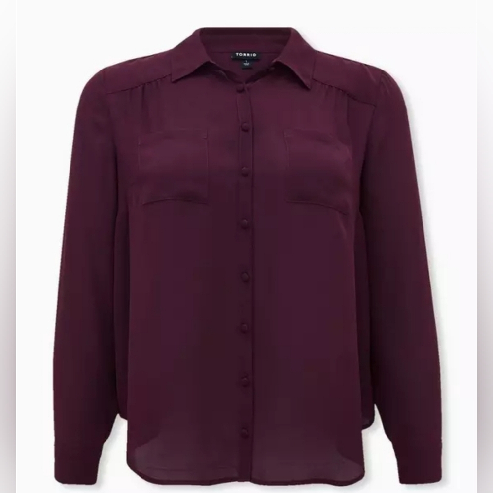 Torrid Madison Georgette Button-Up Long Sleeve Shirt Semi-Sheer Burgundy Sz 00
